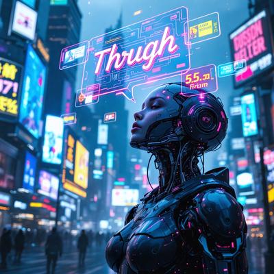 The primary subject of the image is a woman with a futuristic appearance, wearing a metallic outfit and a headset. She is standing in a city, surrounded by a bustling environment with multiple people and various buildings in the background. The visual style of the image is a combination of photo and digital art, creating a unique and intriguing scene. The colors and mood of the image are predominantly dark and moody, with the woman's metallic outfit and futuristic headset